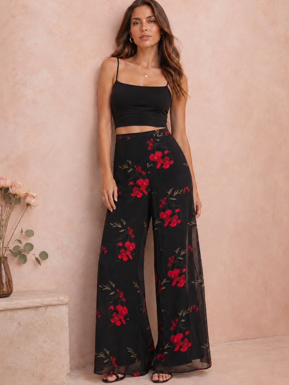 Joseph Ribkoff 90s Floral Wide Leg Sheer Overlay Pant High Rise Palazzo XS-Small